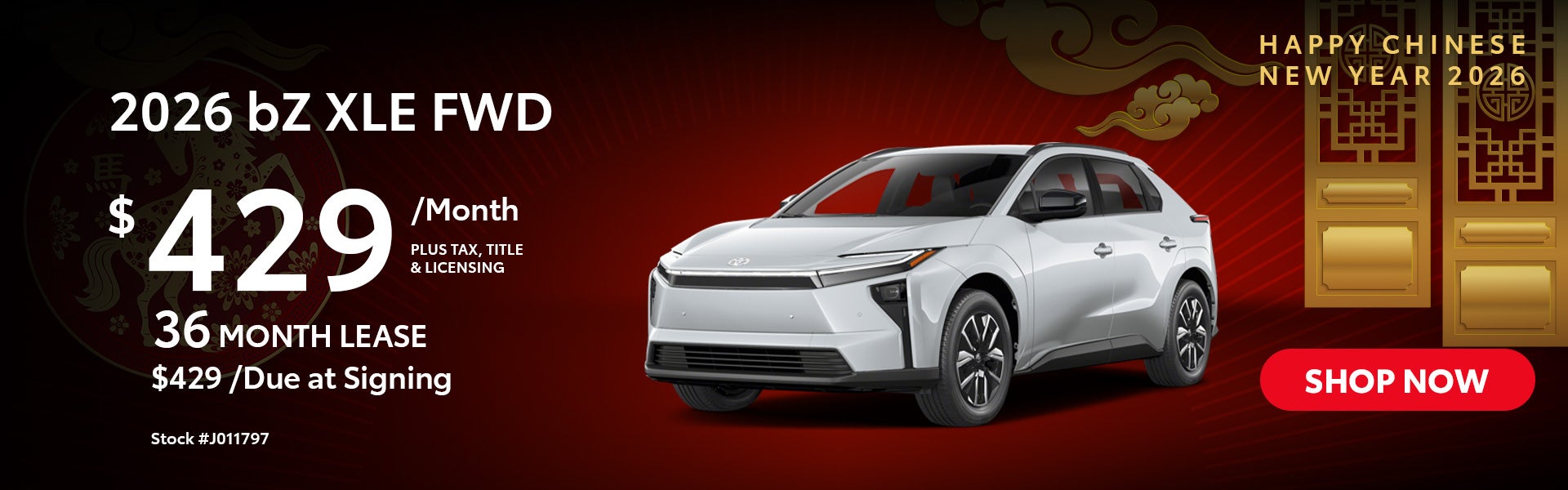 2026 bZ XLE FWD Lease for $429 per month for 36 months.