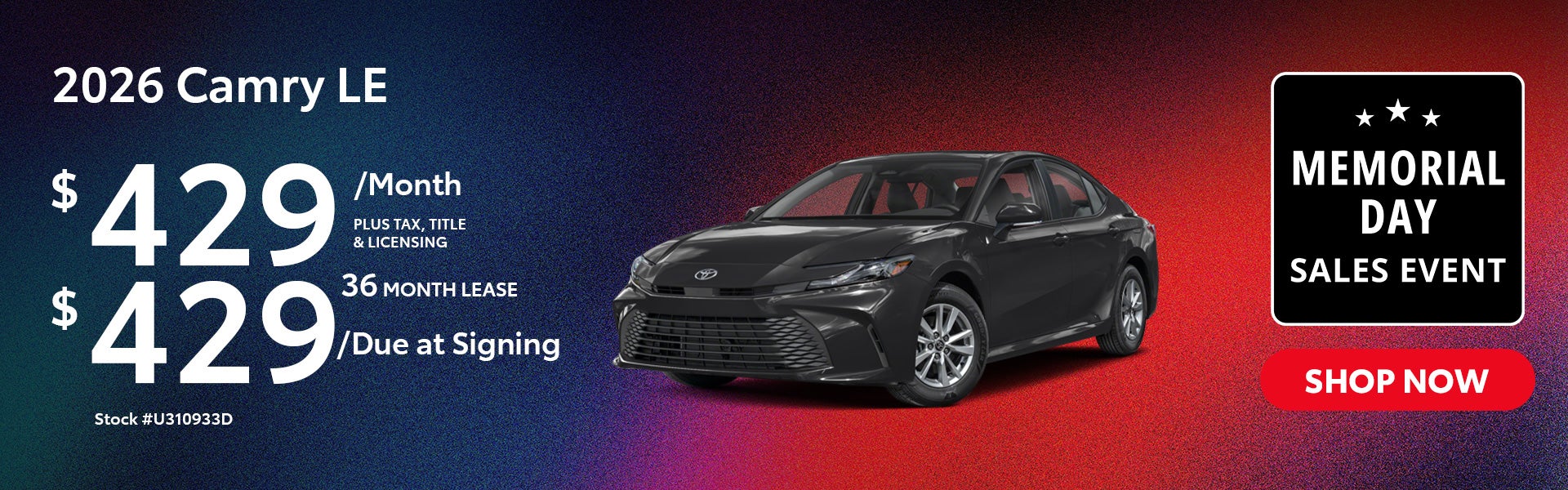 2026 Camry LE Sedan Lease from $429/mo, $429 due at signing